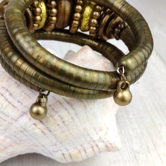 Brassy Boho Wood & Gold Tone-Bead Smooth Puka-Style Spiral Bangle Bracelet Combo - Picture 9 of 12